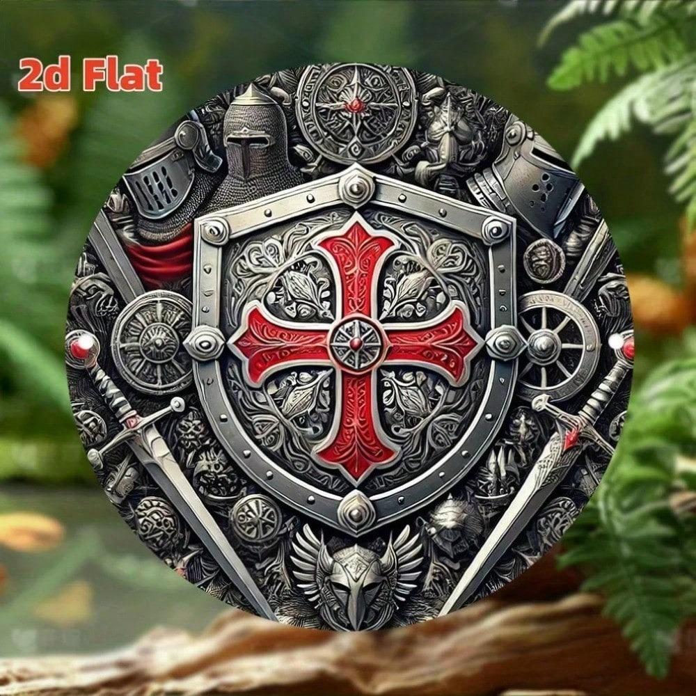 Vintage Metal Wall Art Knight Cross Decor 8x8 Inches Retro Medieval Tin Sign for Home Man Cave Bar