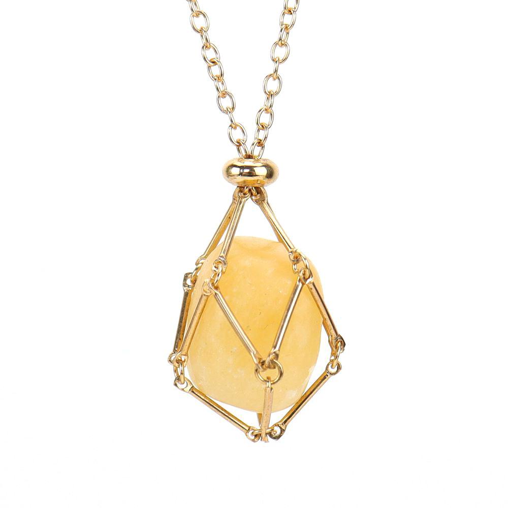 Crystal Rough Stone Handmade Adjustable Stainless Steel Metal Bamboo Mesh Pocket Necklace Woven Pendant N683