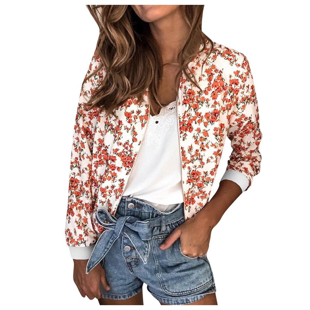 Giacca da Donna Retro Floreale con Cerniera Cappotto Casual Capospalla