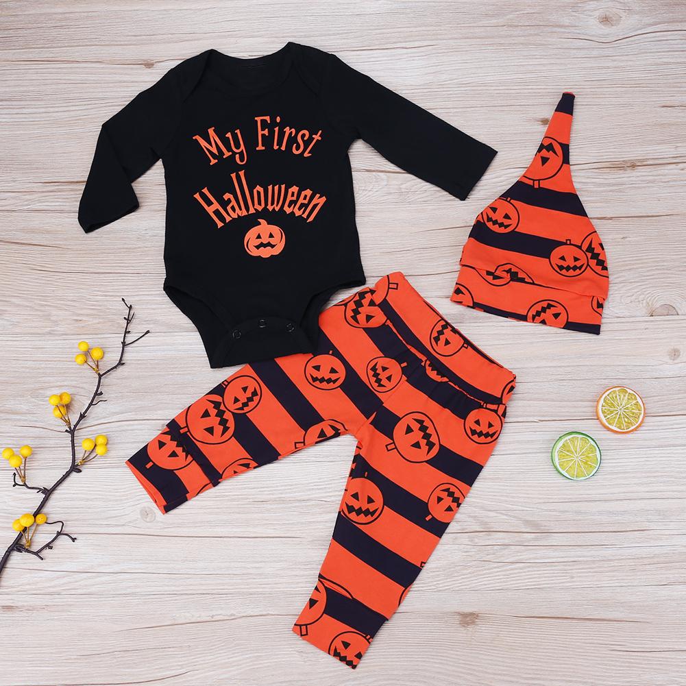 Buy 3pcs Baby Halloween Romper+ Pumpkin Lantern Print Stripe Pants