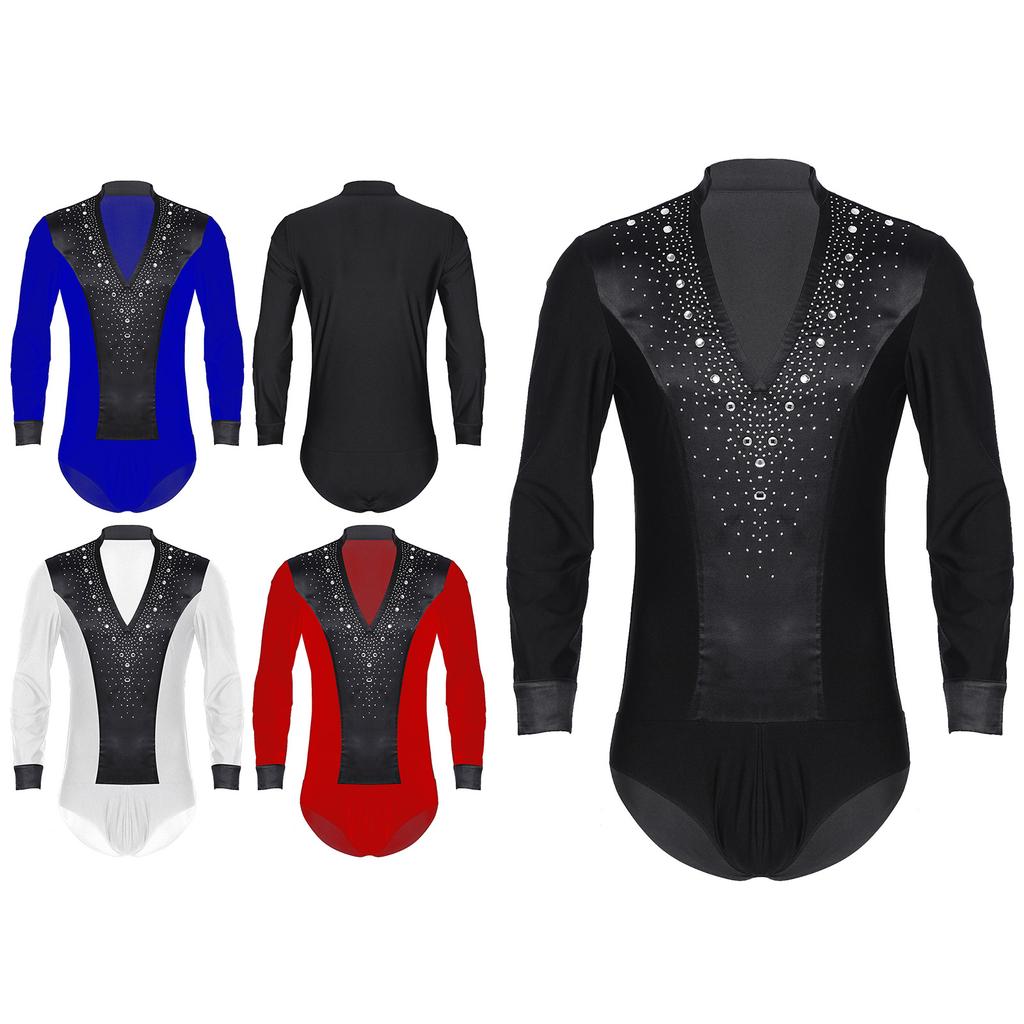 Herren Eiskunstlauf Body - Glitzer Strass V-Ausschnitt Langarm Satin Patchwork Trikot