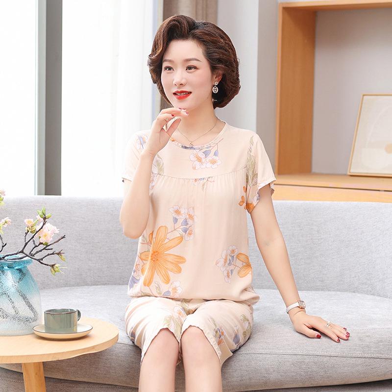 Pijamas de seda y algodón de verano para mujer: Conjunto holgado de dos piezas de manga corta para personas de mediana edad y mayores, talla grande, ideal para exteriores.