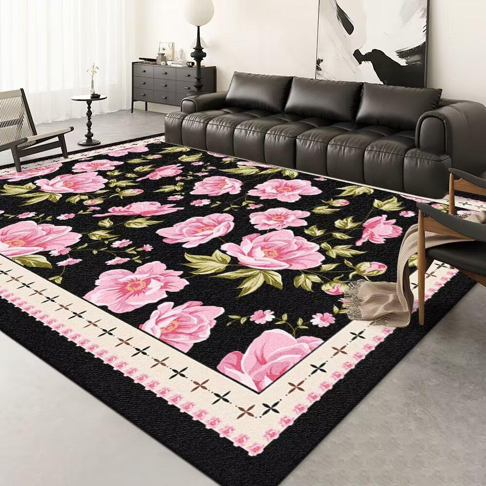 Modern Floral Carpet Mat Rug Black White Vine Pattern with Geometric Border Soft Floor Mat for Living Room Home Decoration