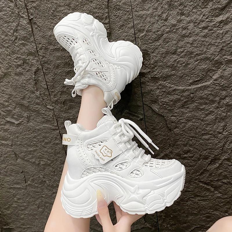 Fashion 10CM Chunky Leather Sneakers Summer Lace-up Casual Vulcanized Shoes Woman High Platform Breathable Hollow Mesh Sport Dad Shoes