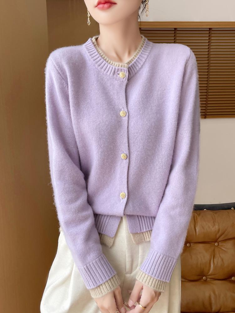 Autumn/Winter Women's Loose Fit 100% Wool Korean Style Color Block Cardigan Sweater