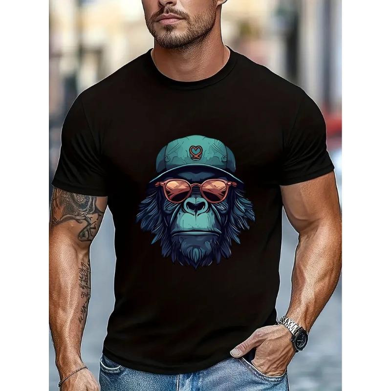 Men's Gorilla Print T-Shirt with Fashion Glasses - Crew Neck Short Sleeve Top, Gorilla & Fashion Glasses Graphic, Machine Washable Casual Summer