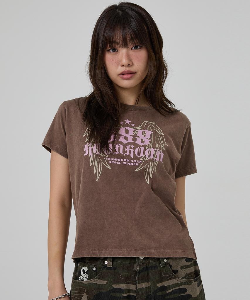 HOODHOOD 888 Angel Graphic Washed Short Sleeve T-Shirt Brown
