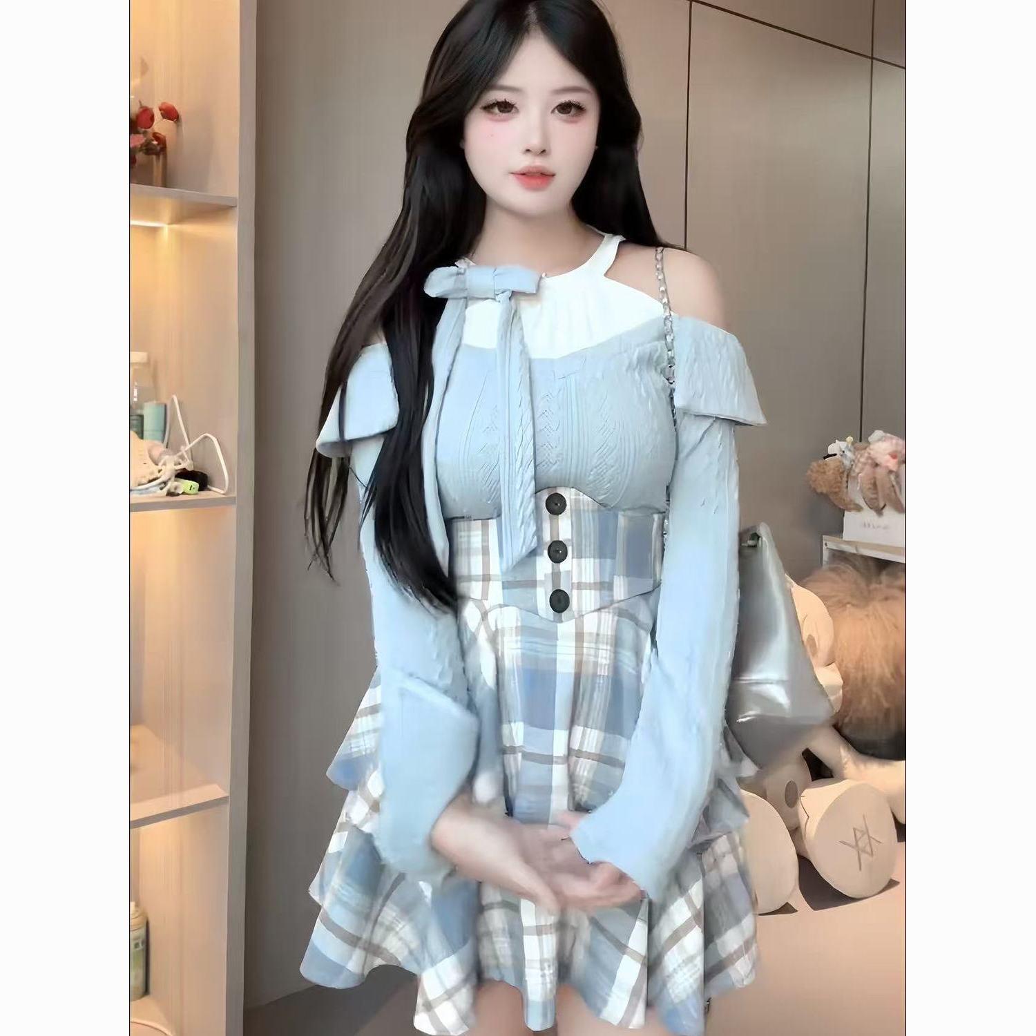 

Plus Size Off-Shoulder Knit Top & Plaid High-Waist Skirt Set L