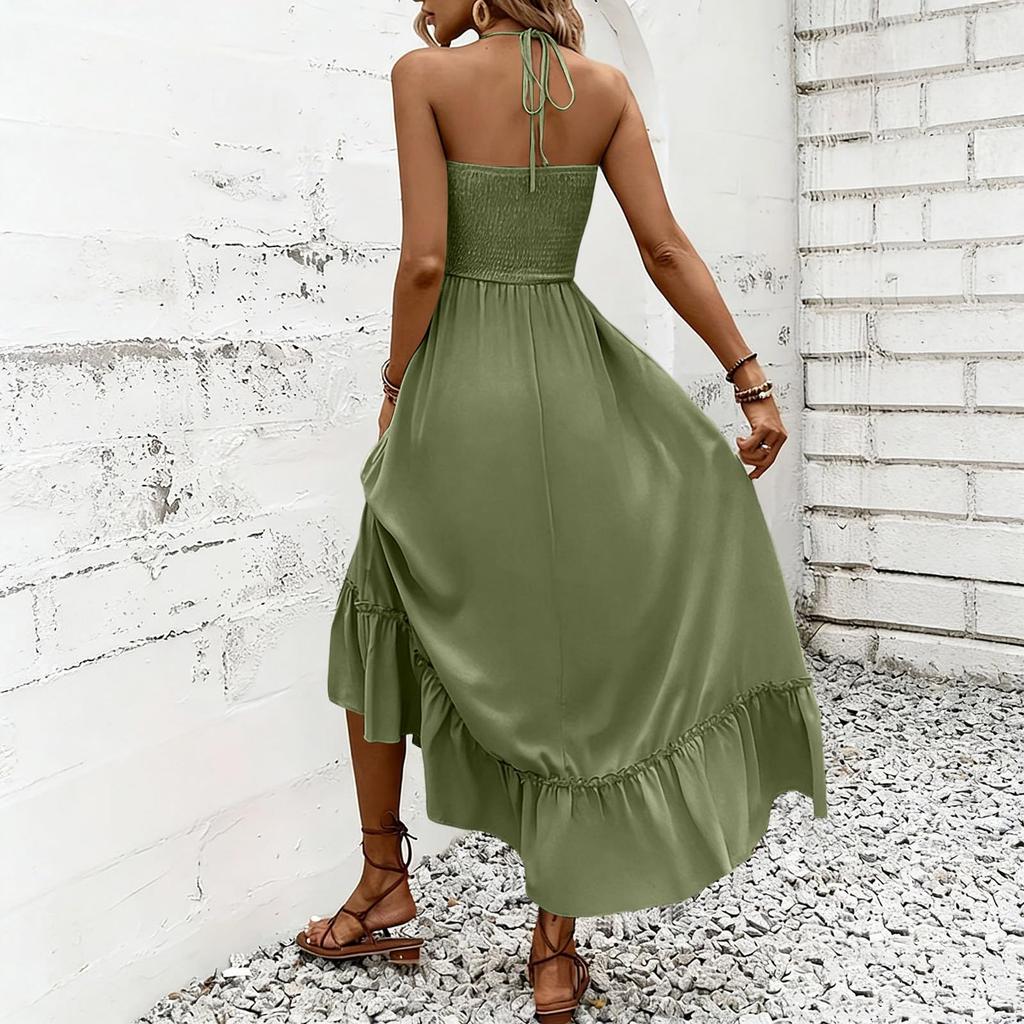 Women Neck Maxi Dress Sleeveless Solid Loose Fit Flowy Skirt Casual Sundress with Ruffled Hem Design