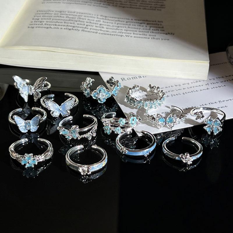 Summer New Glacier‑Blue Gradient Butterfly Flower Light‑Luxury Temperament Open Ring Niche Unique Design Adjustable Index Finger Trend Jewelry