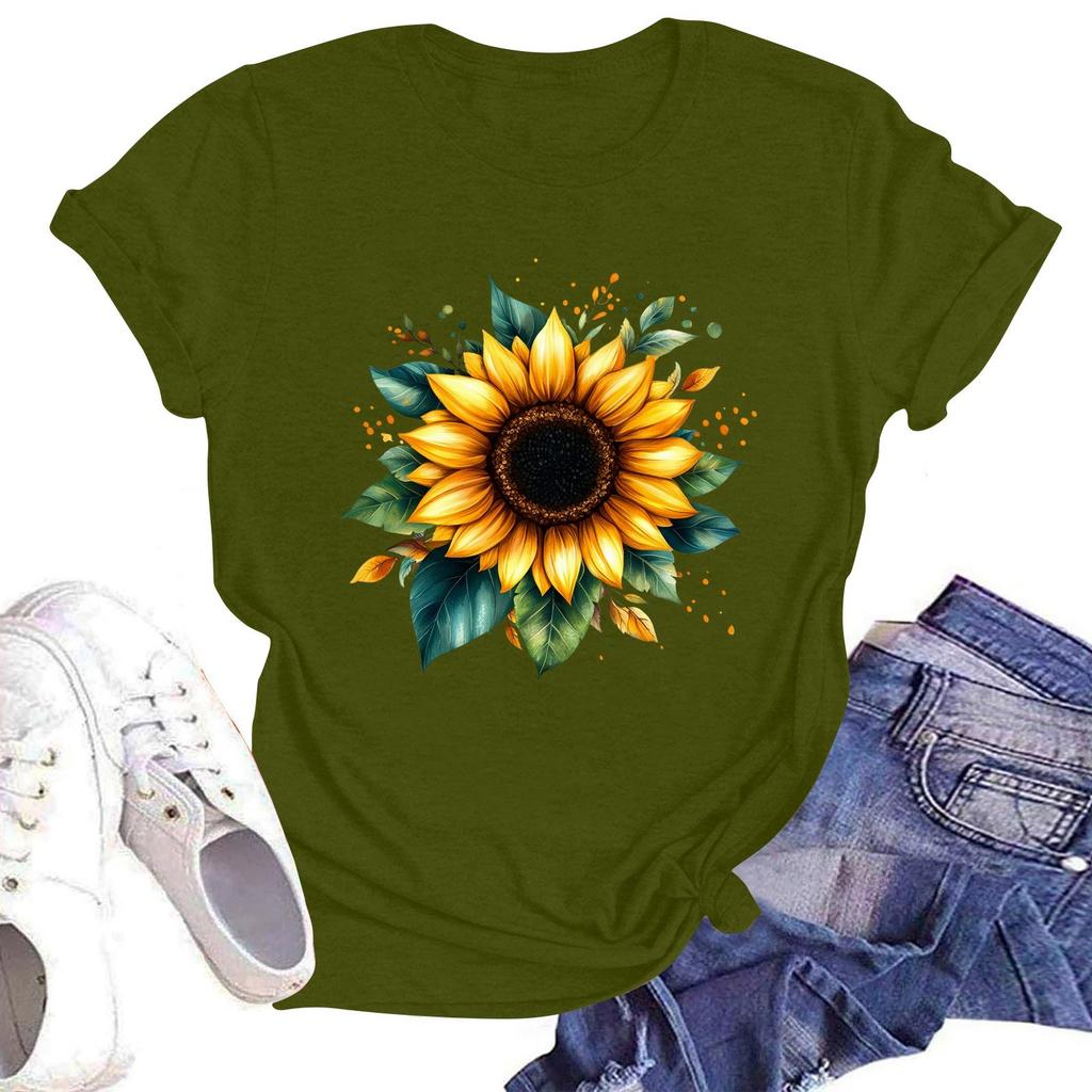 Dam Rundhalsad Casual T-shirt Topp med Blommigt Tryck och Korta Ärmar