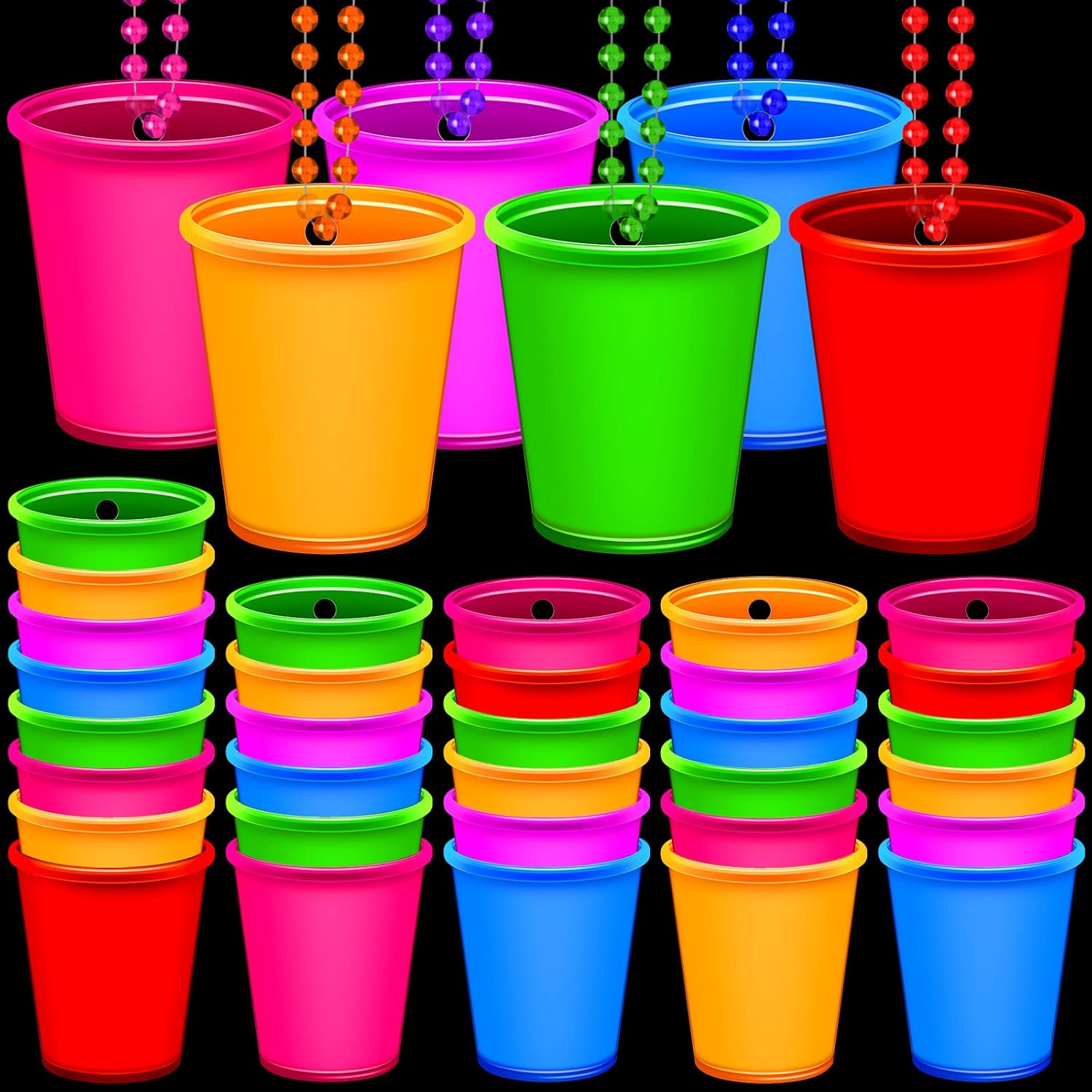 24 Pieces Shot Glass Necklaces Light Up Necklace Shot Glasses Glow in the Dark Neon Plastic Shot Necklace Cups on Beaded for Halloween Christmas