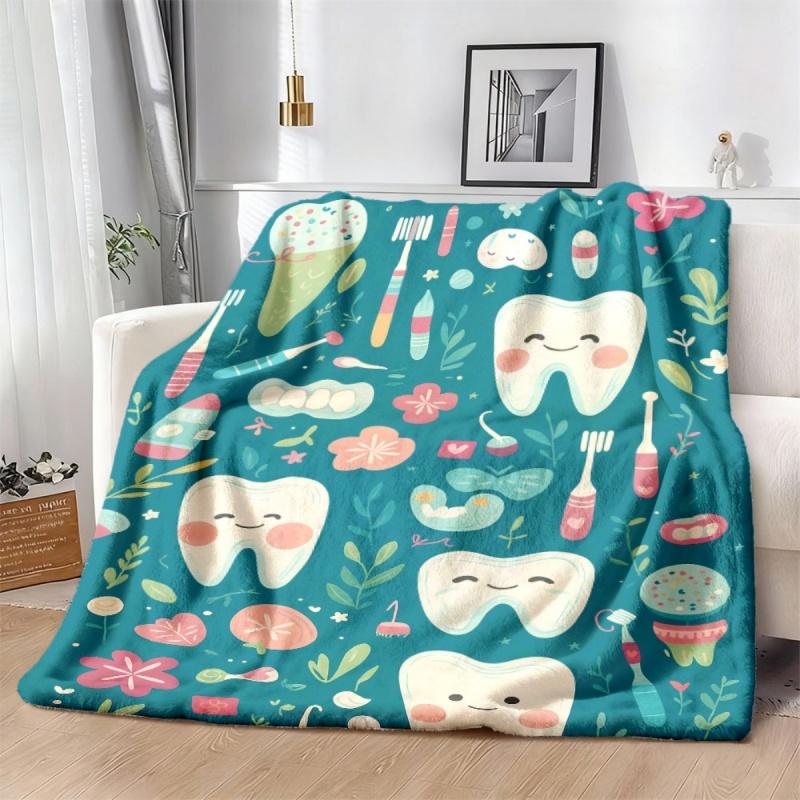 Newest Blanket Green Floral Cartoon Teeth Print Flannel Blanket Dental Theme Soft Kids Warm Throw Blanket