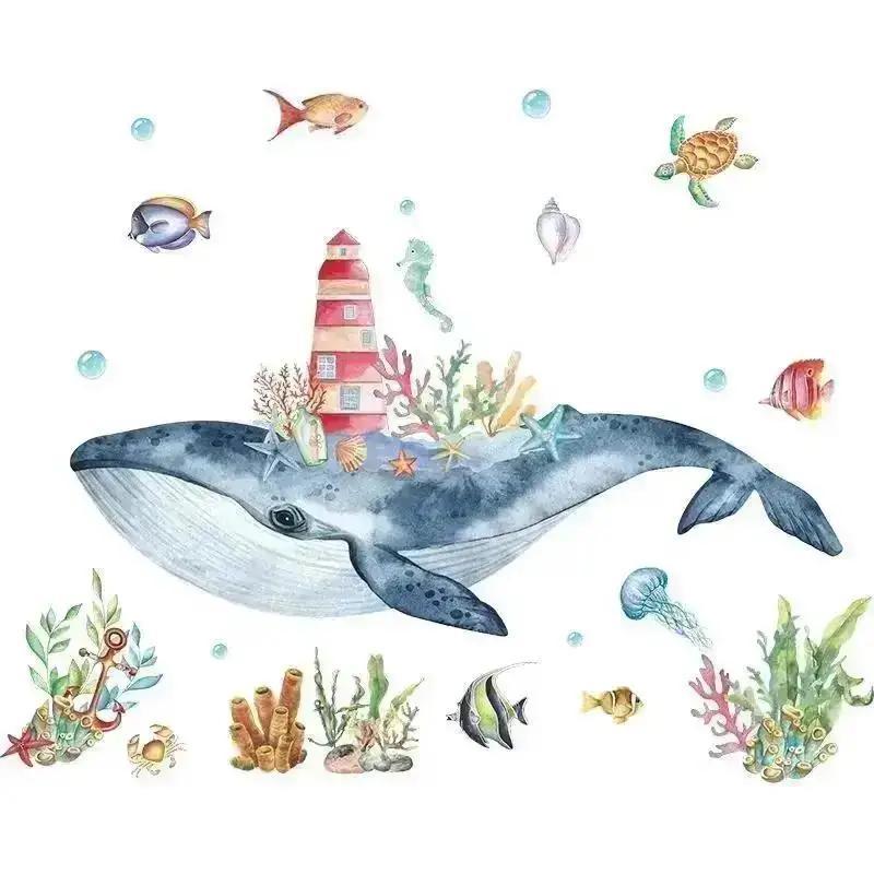 Cartoon Ocean Whale Wall Stickers Underwater Creatures Coral Lighthouse Whale Bathroom Bedroom Home Decoration Wall Stickers