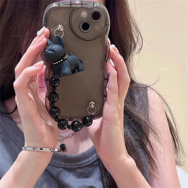 Japan Cute 3d Bulldog Beaded Bracelet Transparent Phone Case For