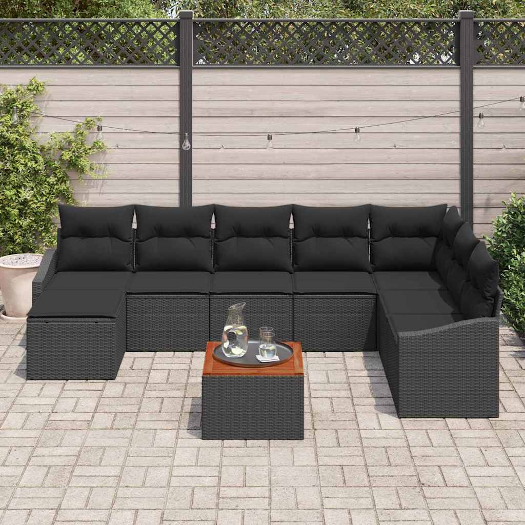 9 Piece Garden Sofa Set with Cushions Black Poly Rattan