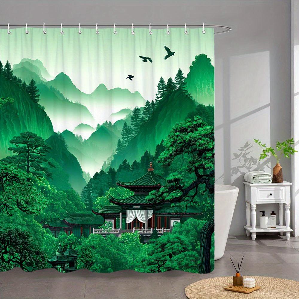 1pc Chinese Garden Shower Curtain - Tiered Pagoda, Misty Mountains & Flying Birds Design, Lush Greenery, Traditional Asian Lands 90x180cm