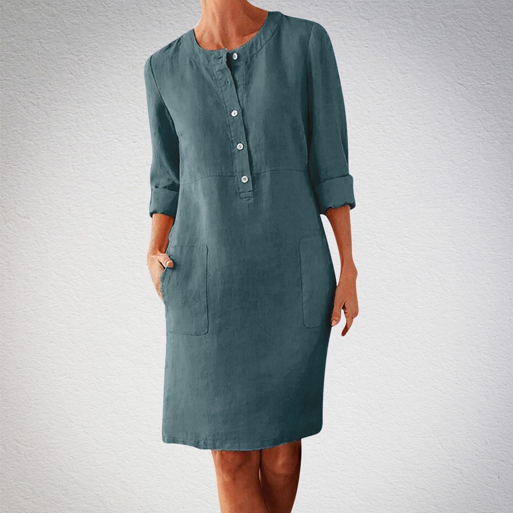 Large Size Women's Cotton and Linen Round Neck Long Sleeved Dress
