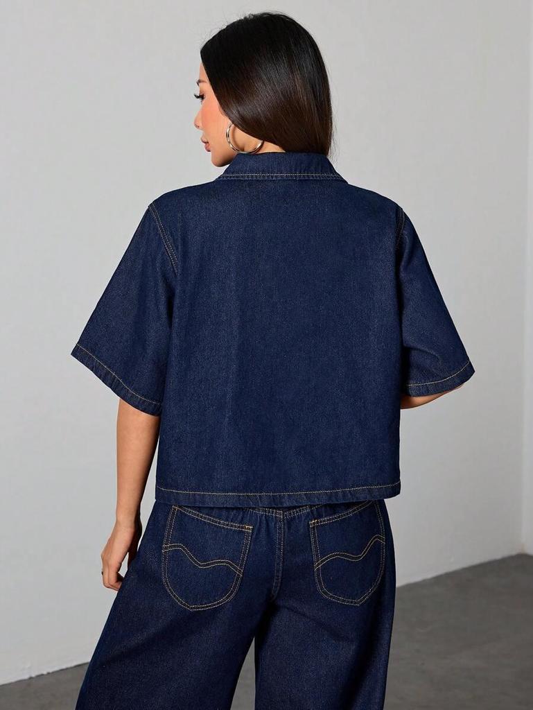 2026 Summer Short-Sleeved Denim Jacket with Large Pockets