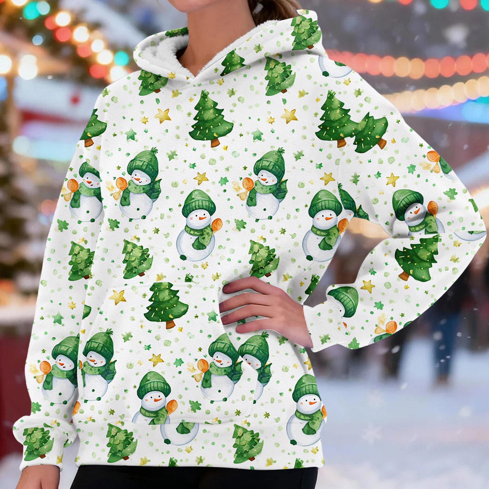 

Женская модная повседневная толстовка с длинными рукавами, рождественским принтом, на флисовой подкладке, теплая, с капюшоном XXL