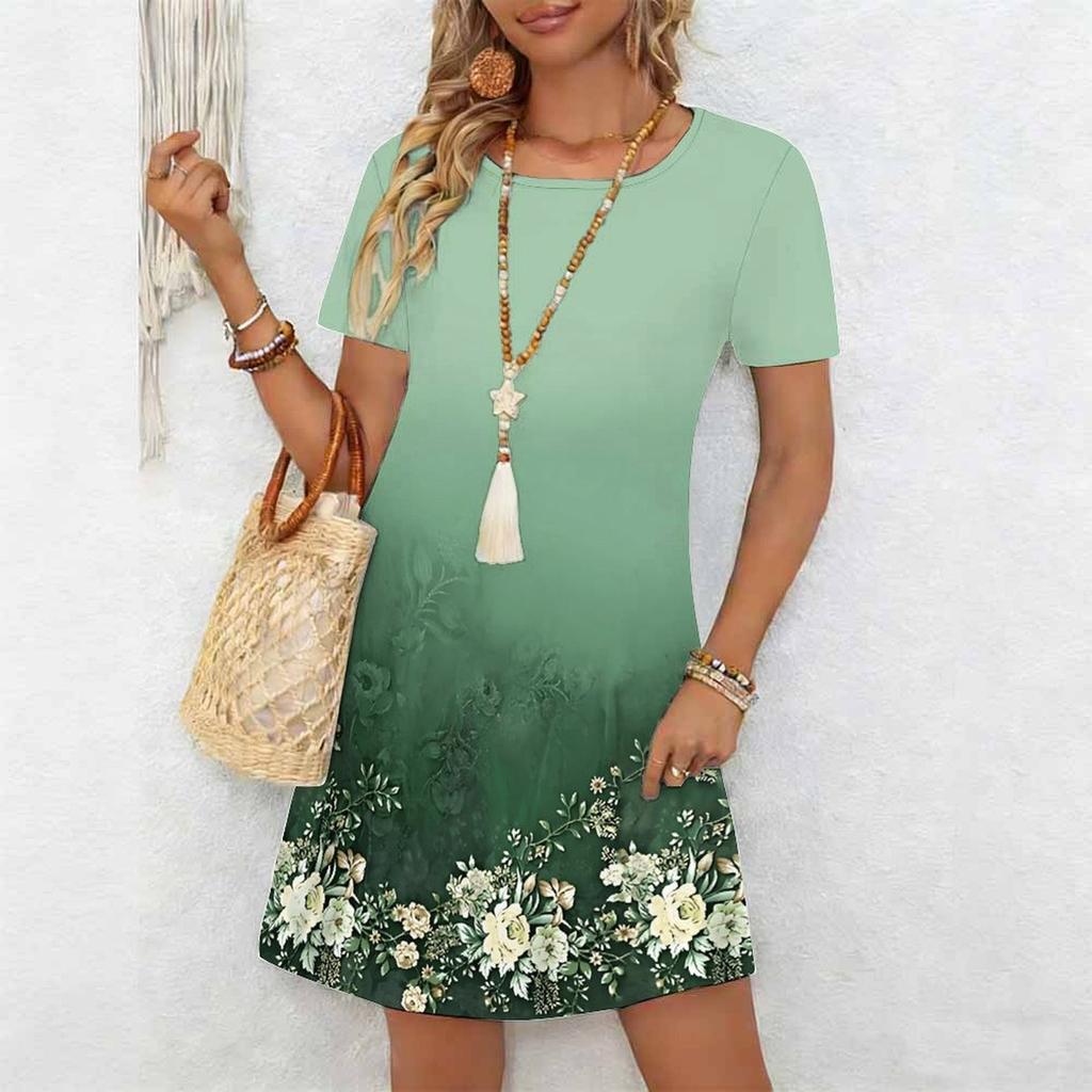 Women's Fashion Graceful Beautiful Colorful Flowers Grass Colorful Flowers and Small Grass Print Summer Spring Short Sleeve O-Neck Casual Dresses