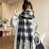 Women Scarf Plaid Pattern Cashmere Feel Plush Scarf with Tassel Decoration Travel Sweater Coat Accessory