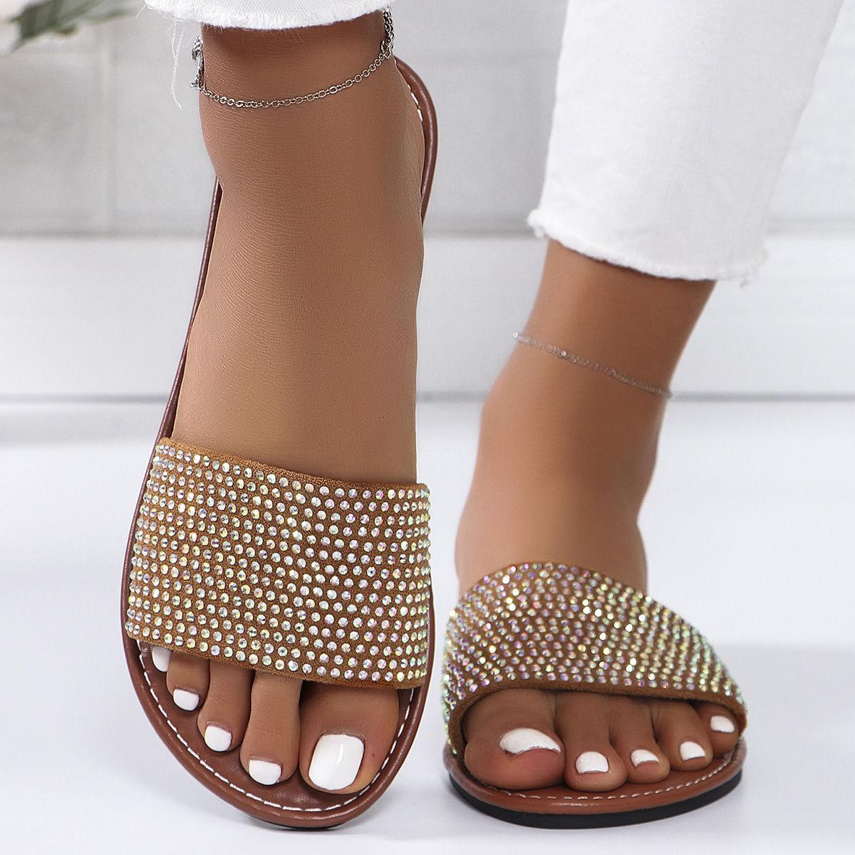 

Fashion Summer women s sandals and slippers 2025 new crystal sparkling flat shoes soft soled women s flip flops beach shoes house 36