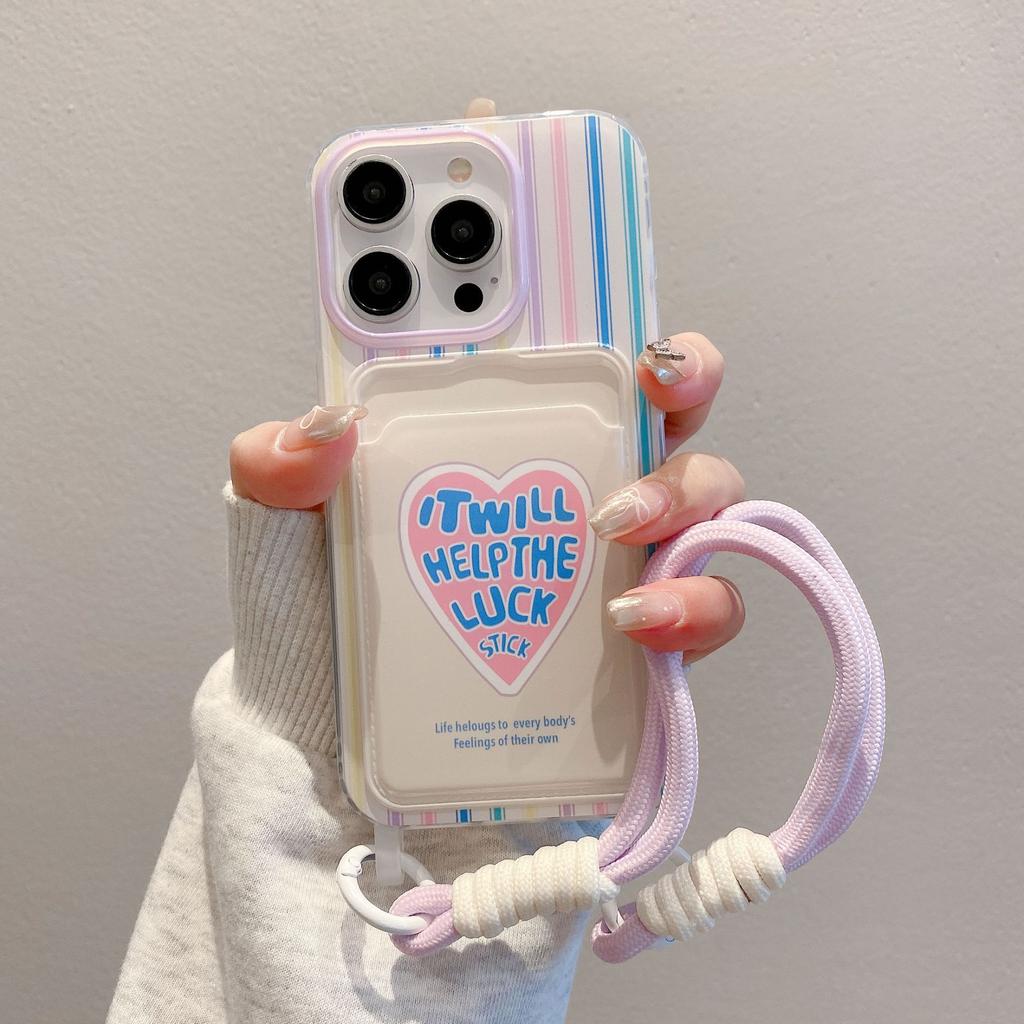 Korean Style Card Bag Suitable for IPhone15pro Cartoon Mobile Phone Case Apple 16 Lanyard 13 Mobile Phone Love Protection Case