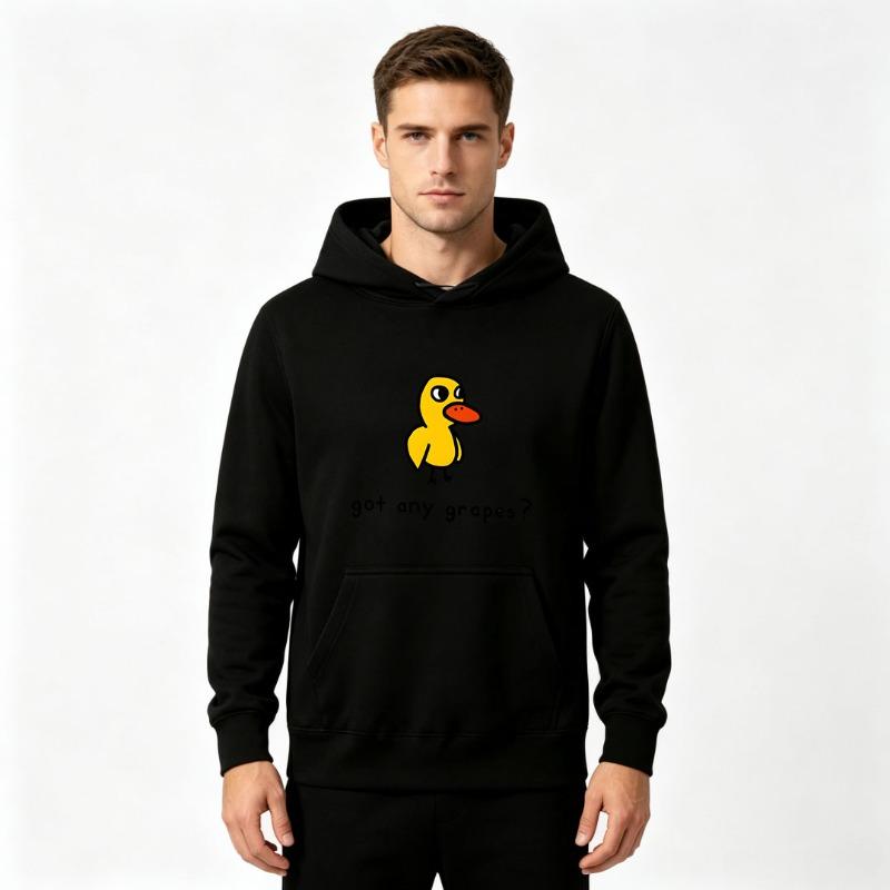 Men's Hooded Sweatshirt, Funny Cartoon Yellow Duck "Got Any Grapes" DTF Print Casual Long Sleeve Loose Pullover Hoodie Streetwear Top For Adult Men