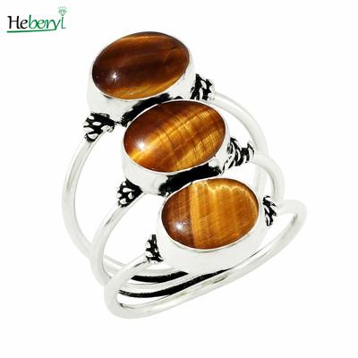Vintage  Sterling Silver Ring With Tiger Eye Stone Oval Retro Three Stone Rings Skeleton Party Gifts Fine Jewelry For Women
