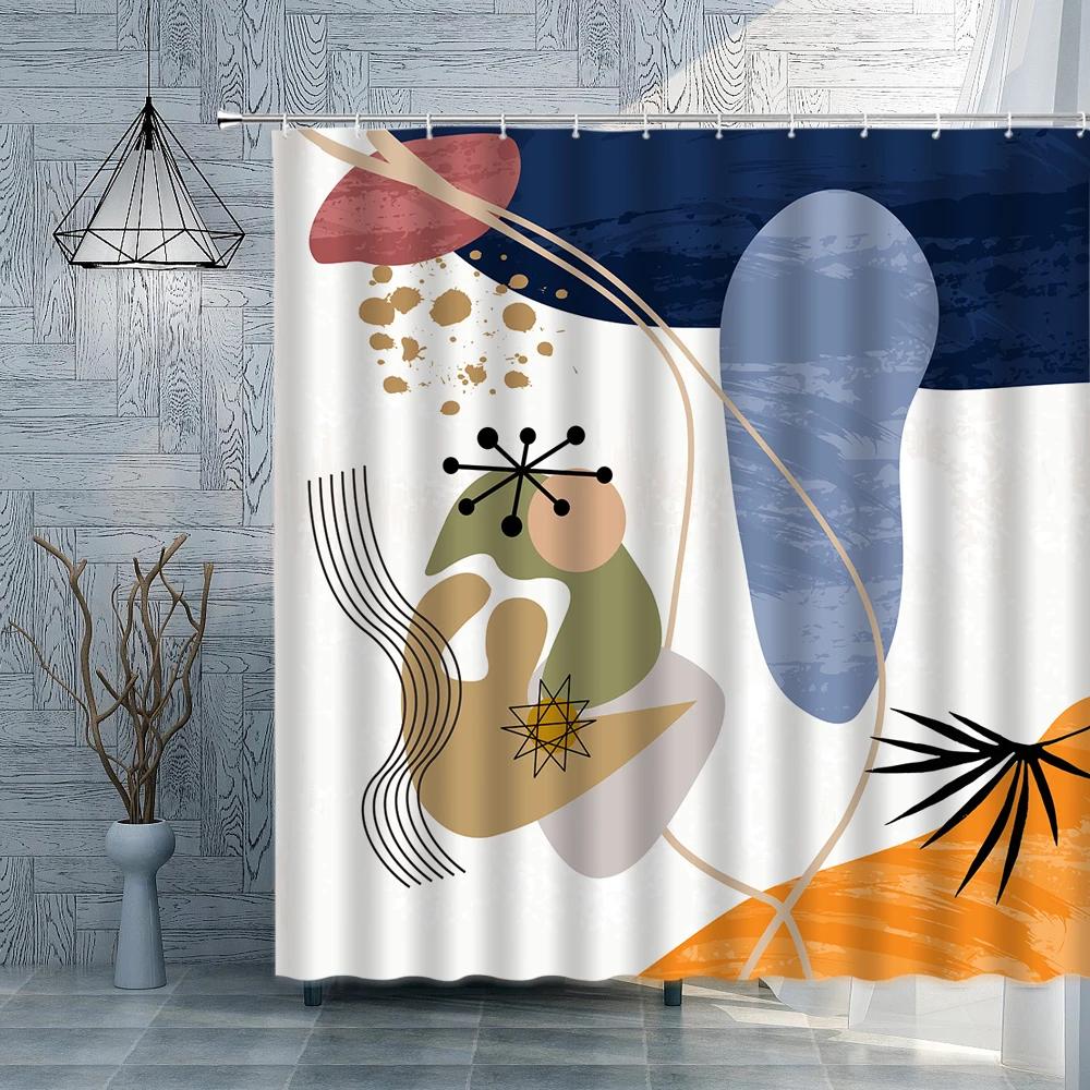 Abstract Leaves Shower Curtain Set Creative Geometry Mid-century Boho European-style Fabric Decor Bathroom Curtain Hook Washable