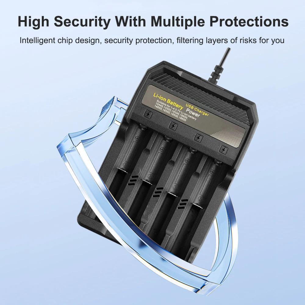4 Slots Battery Charger 18650 Portable Charger for 3.7V Li-ion Rechargeable Batteries 18650/18490/16340/14500/10440 USB Charger