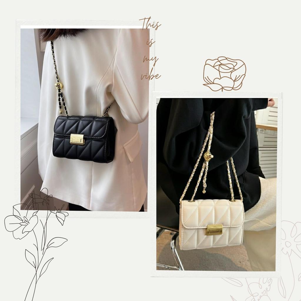 FARFADET Women's Quilted Shoulder Bag with Chain (Beige)