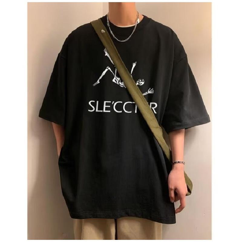 

Мужские футболки с коротким рукавом с буквенным графическим принтом и половиной рукава Футболка-пуловер Повседневная футболка Мужская корейская повседневная футболка с круглым вырезом в стиле ретро XL чёрный