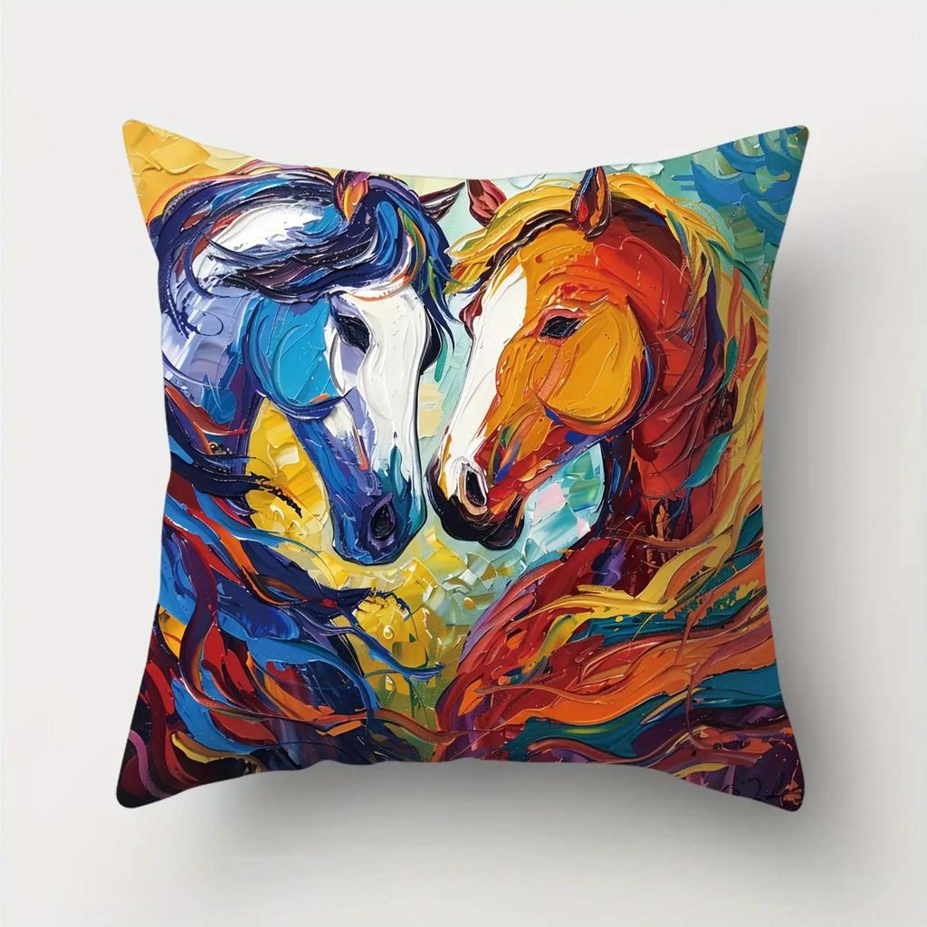 Vibrant Horse Pillow Covers, Colorful Palette Knife Horse Decorative Throw Pillow Cases, Bold Western Home Decor Cushion Covers