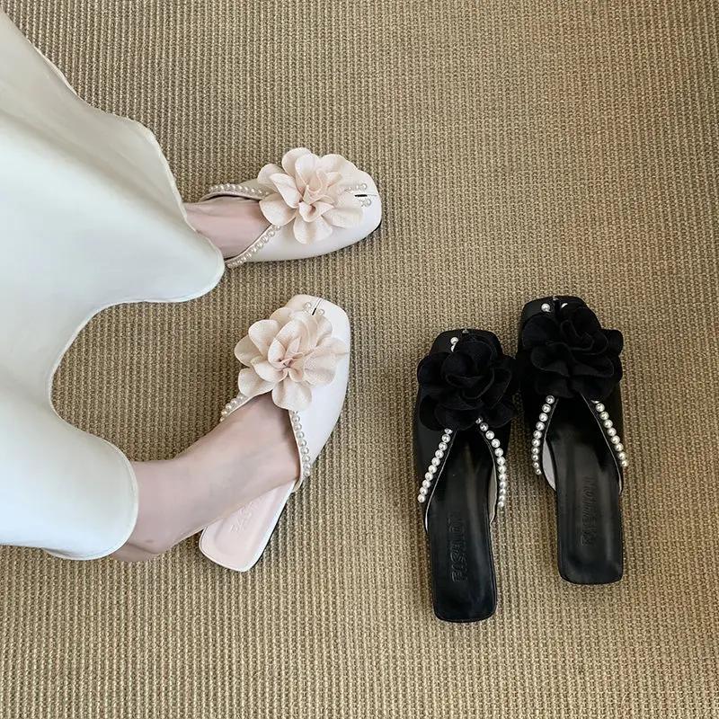 Fashion Women's Slippers and Ladies Sandals Pearl Low Heel Shoes Small Size Stylish Elegant Fashionable New Fashion 2025 Luxury Slides