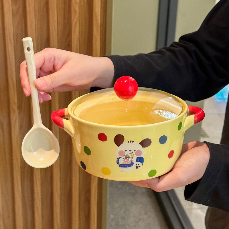 Cream Wind Tableware Cute Ceramic Instant Noodle Bowl with Lid Binaural Soup Bowl Instant Noodle Bowl for Student Dormitory