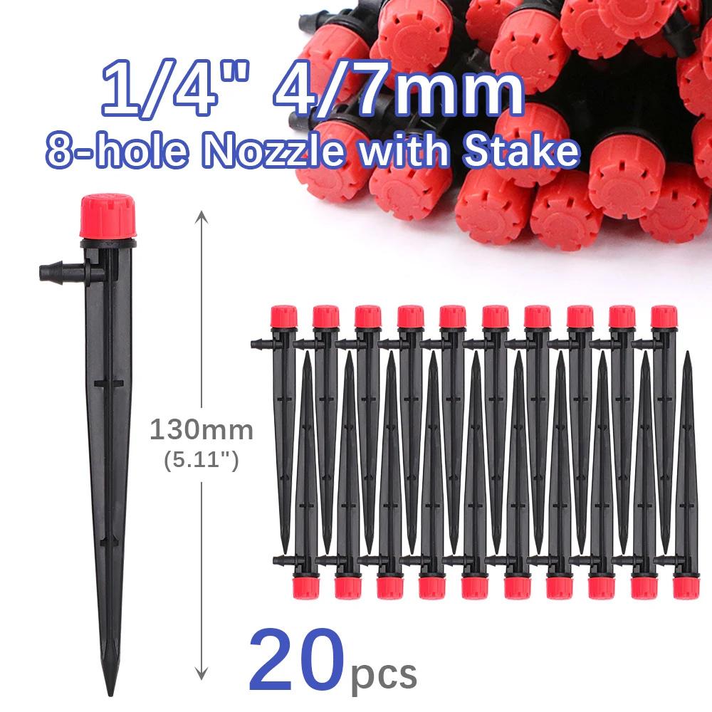 50-5m 1/4" Garden Drip Micro Irrigation 8-hole Adjustable Drippers with Stake 4/7mm Adapter PVC Tubing Automatic Watering System