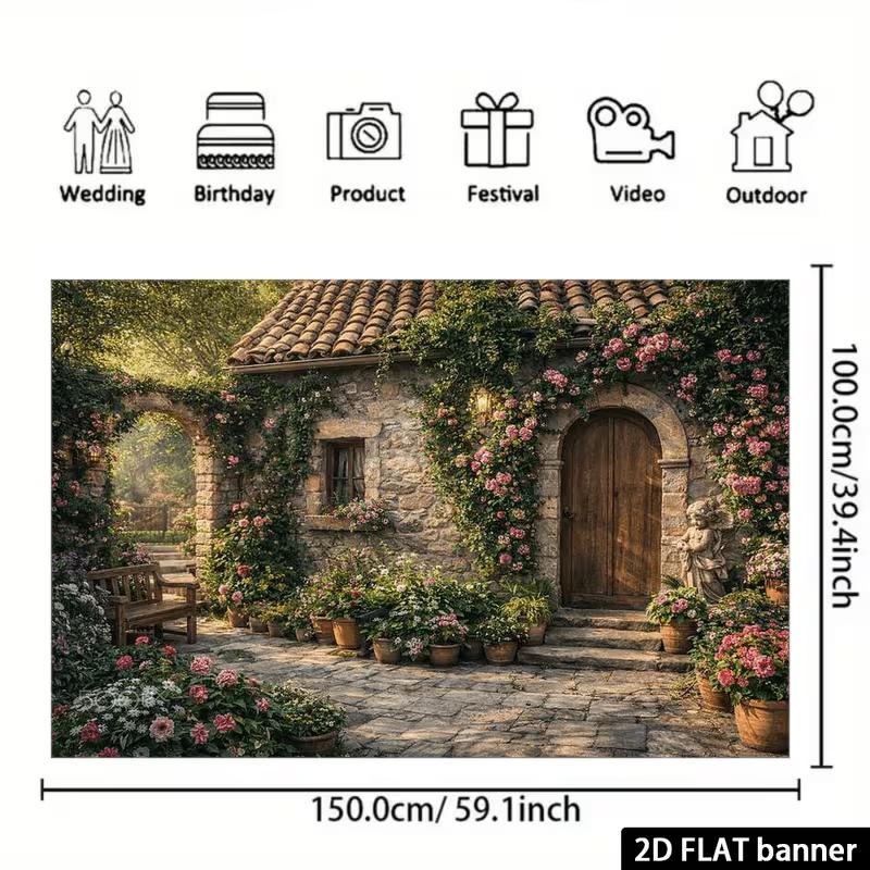 2D Romantic Cottage Backdrop Stone House Blooming Roses Studio Photo Background Cloth