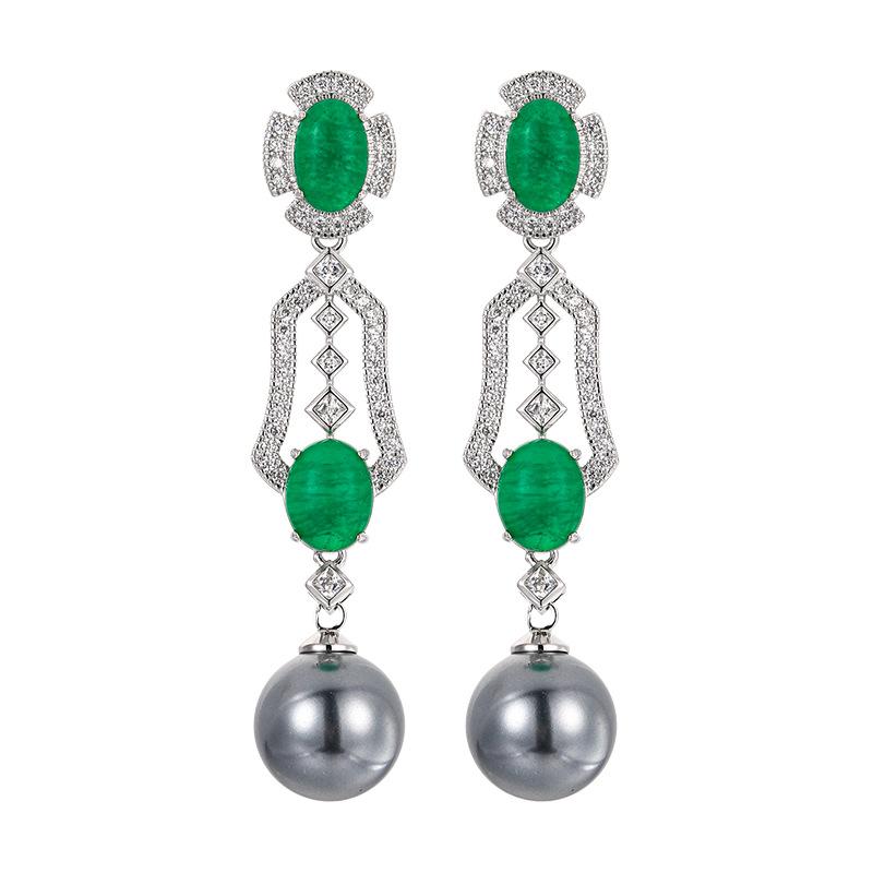 New Jewelry Earrings Australian White Pearl Long Tassel Emerald Socialite Temperament Fashionable Women's Style Imitation