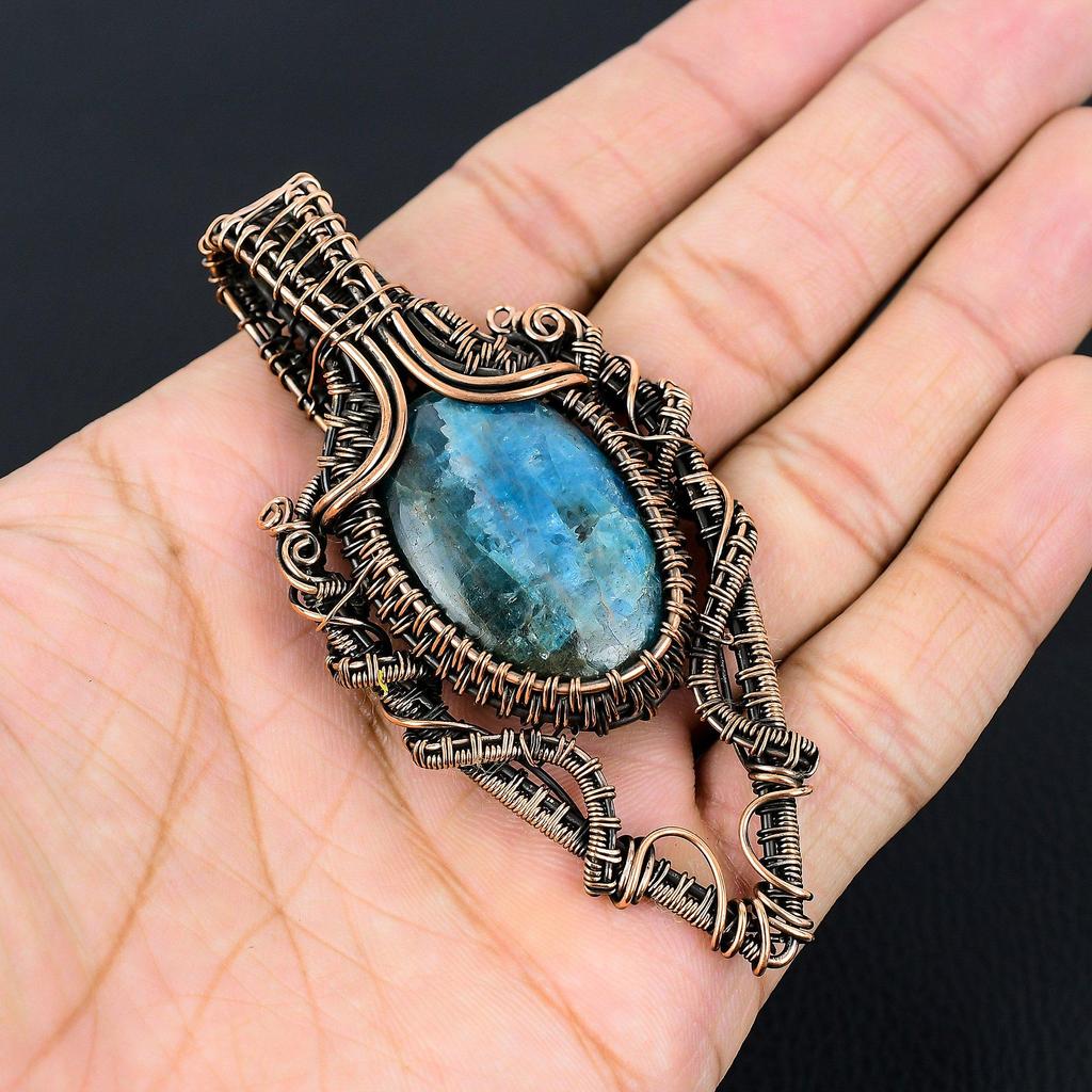 Neon Blue Apatite Gemstone Handmade Copper Wire Wrap Jewelry Pretty Pendant
