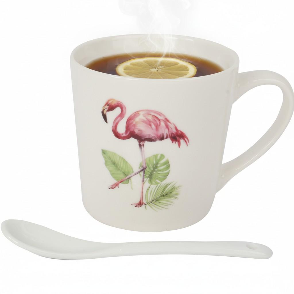 Gift Set of a Ceramic Mug and Spoon with Flamingos and Leaves