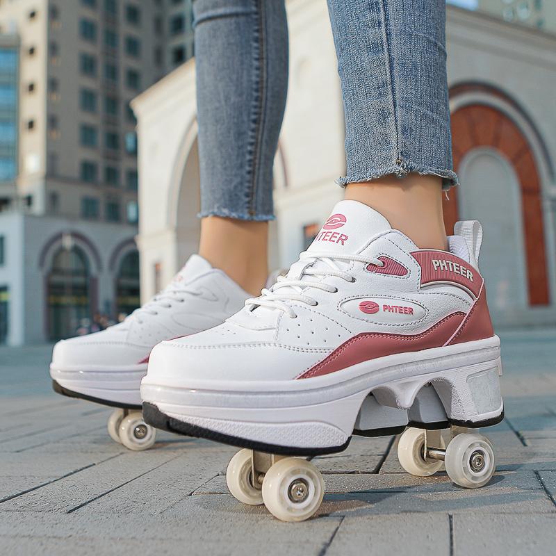 High Top Women's 4 Wheel Roller Shoes Fashionable Unisex With Wheels Dual-purpose Skating Casual Shoes Automatic Pop-up Sneakers