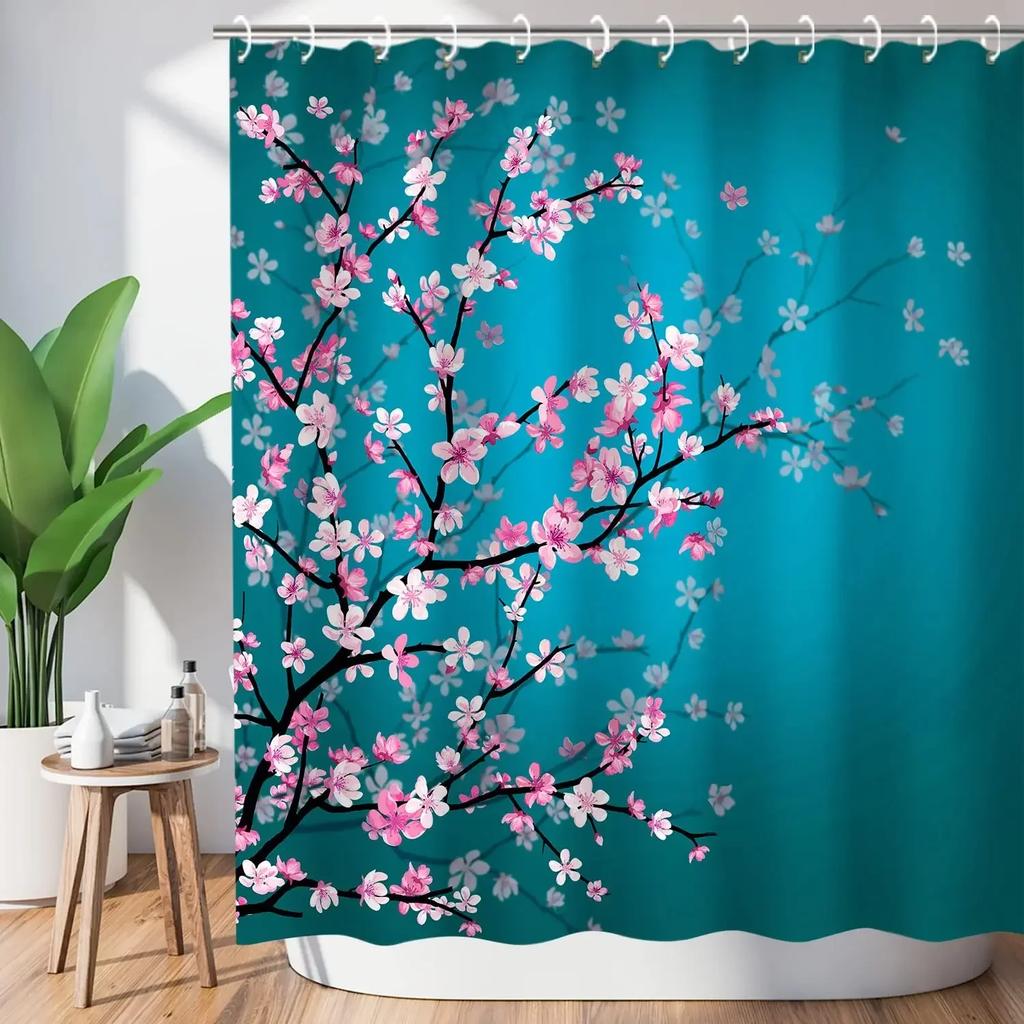 Pink Cherry Blossom Peach Blossoms Shower Curtain Set Flowers White Background Girl Bathroom Polyester Cloth Screen 12 With Hook