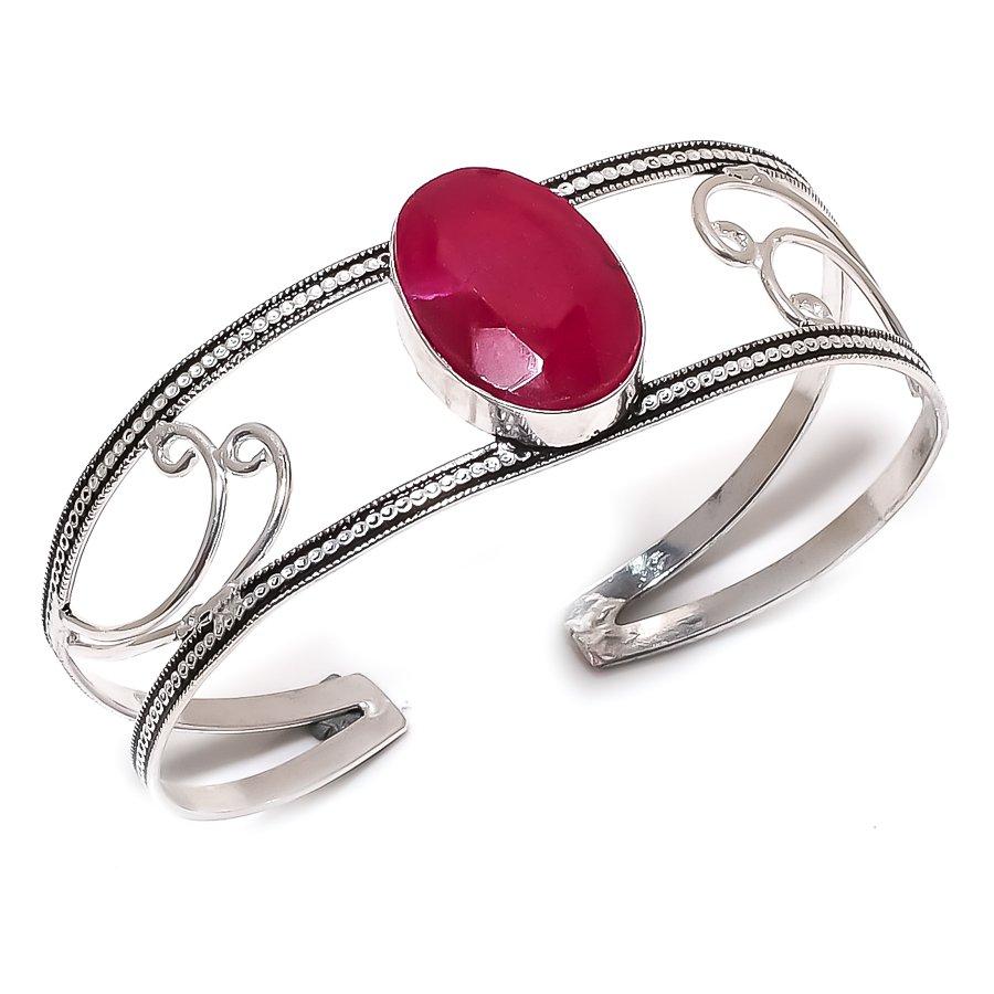 Ruby(Simulated) Gemstone 925 Sterling Silver Cuff Bangle Adjustable
