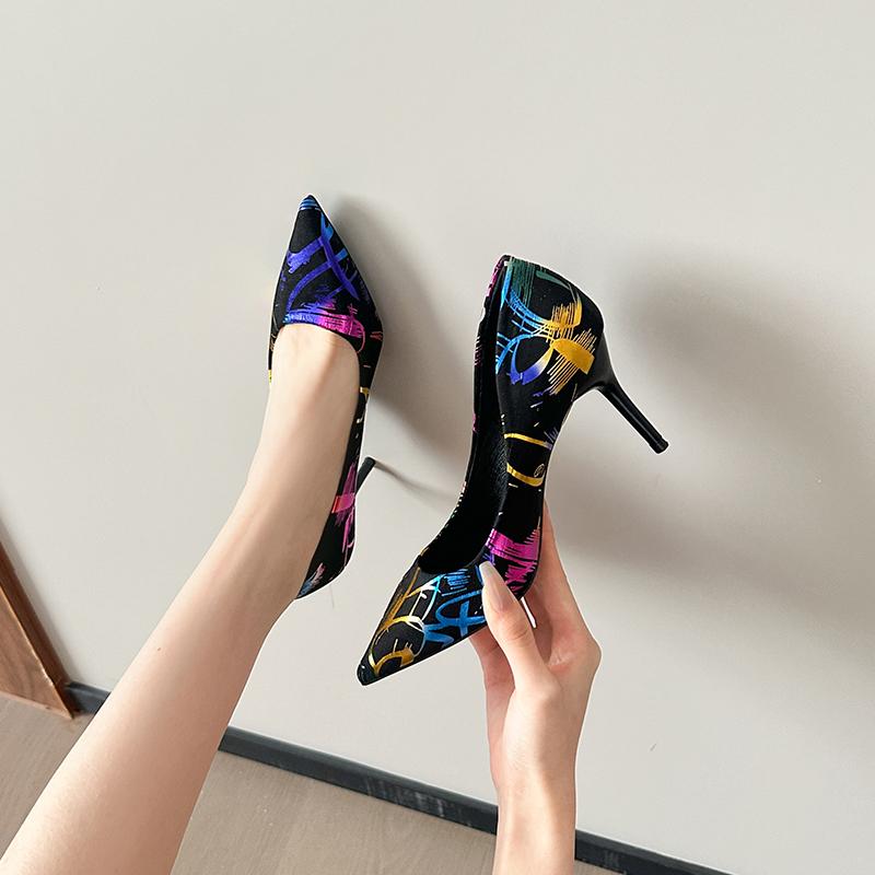Fashion Spring New Thin Heel Shoes Women Fashion Pointed Shallow Mouth Suede Printed Slip-on Wear Resistant High Heels