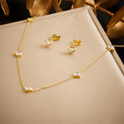 Gold Heart Crystal Jewelry Set Necklace Earrings for Women