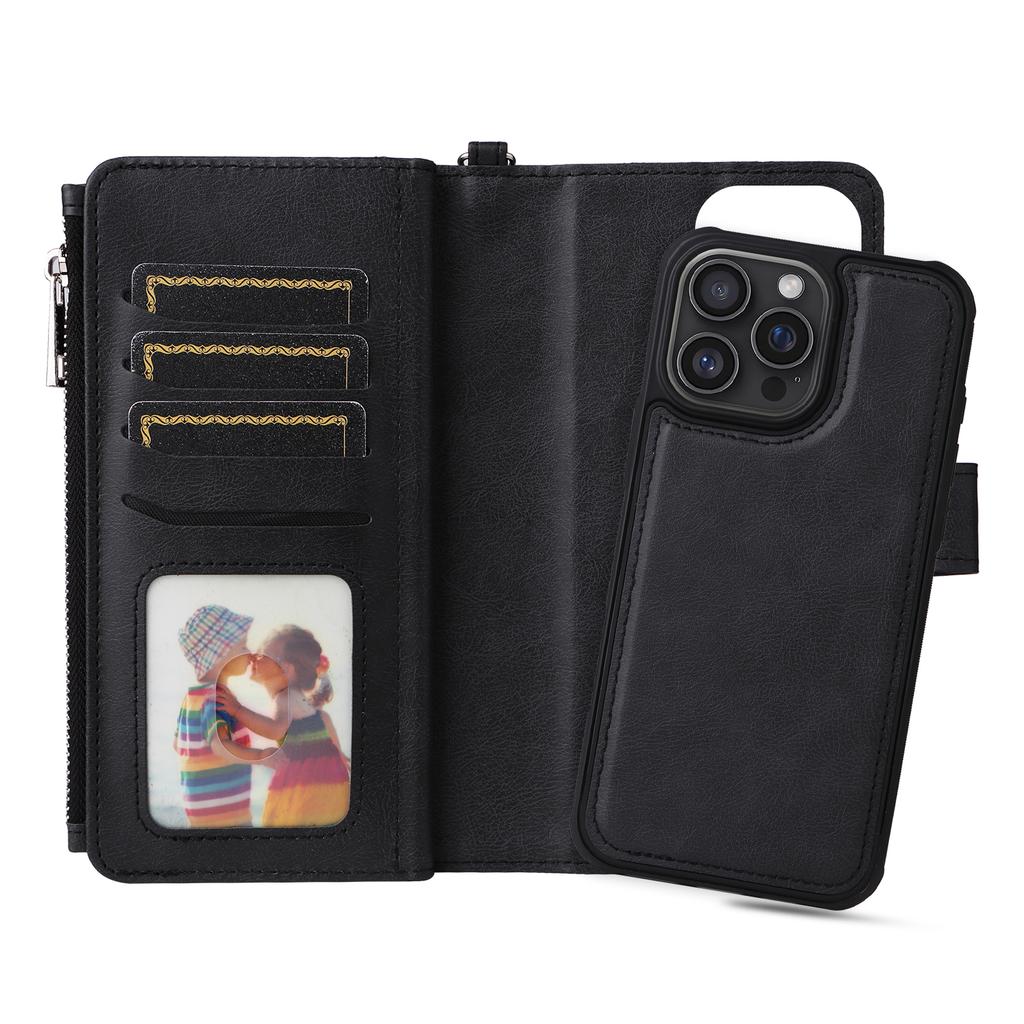 For iPhone 16 Pro Max Magnetic Leather Case Mobile Cover with Detachable Zipper Wallet Strap