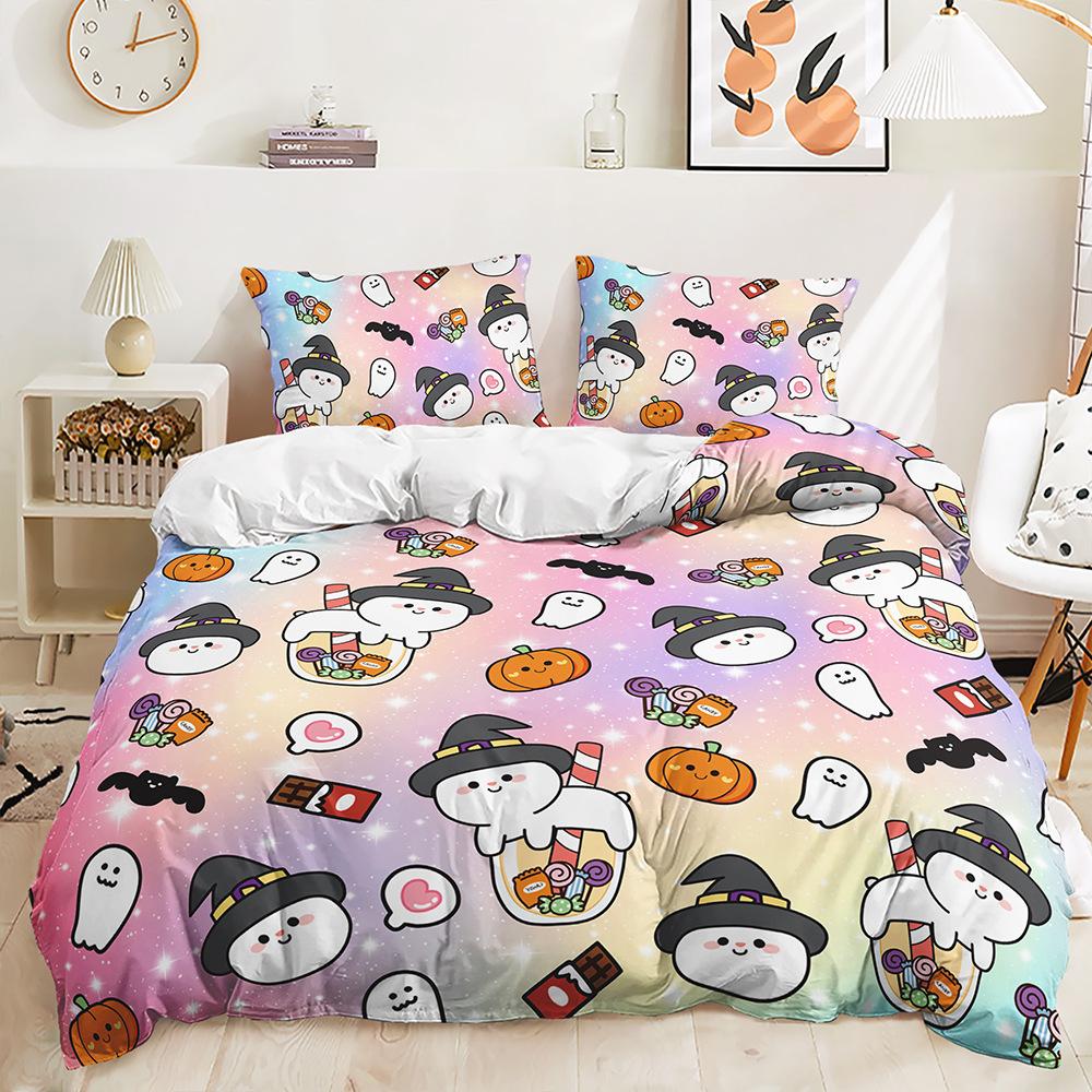Halloween Themed Three-Piece Cartoon Bat Ghost Pattern Duvet Set