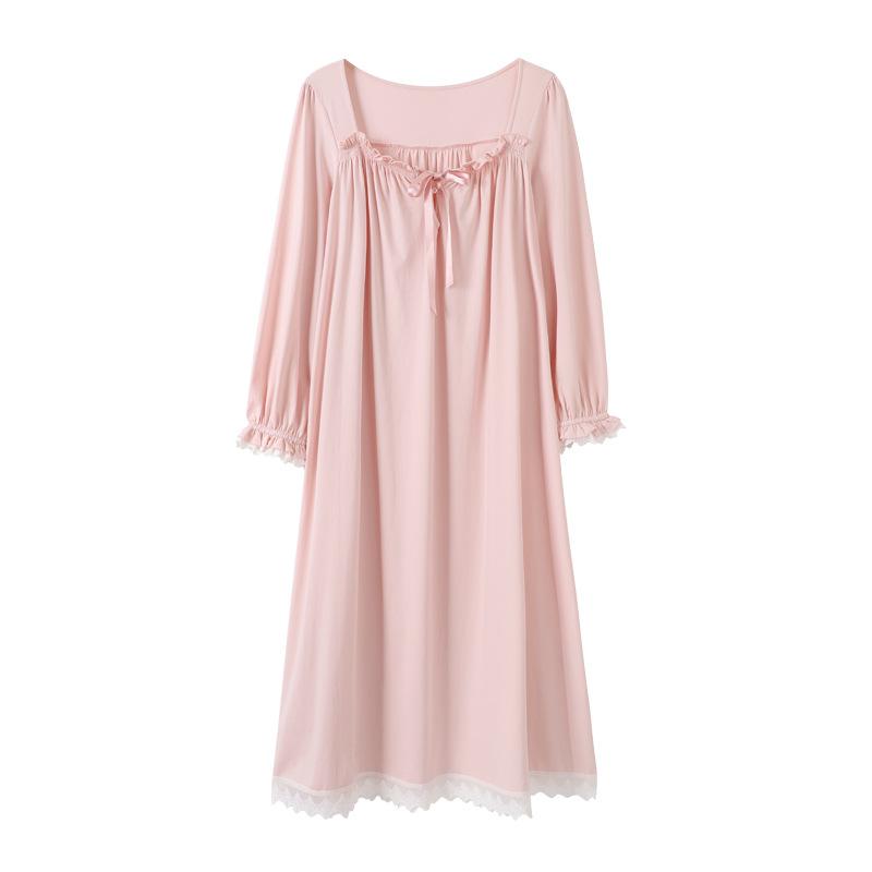 Nightgown Women'S Spring And Autumn Pure Cotton Long-Sleeved Court Style Long Knee Loungewear Autumn Cotton Princess Style Loungewear